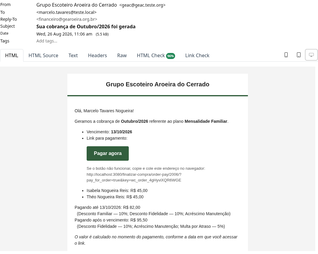 E-mail de cobrança criada para uma família: além do valor e do link de pagamento, traz a lista dos jovens cobertos pela cobrança, com o valor de cada um