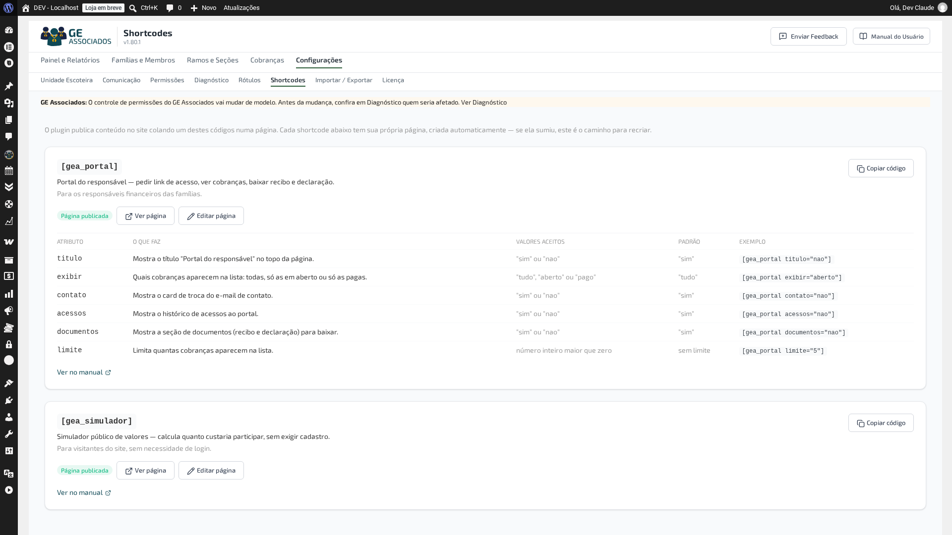 Aba Shortcodes, com a tabela de atributos do gea_portal