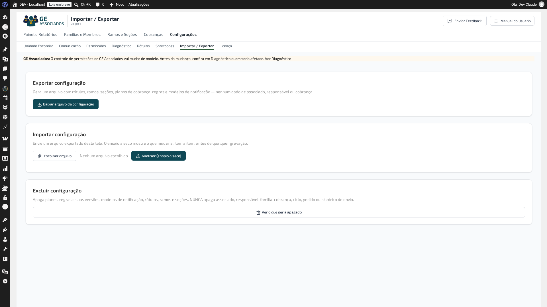Tela de exportar, importar e excluir configuração