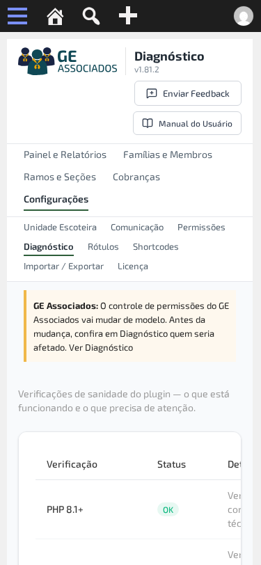 Tela de diagnóstico em celular