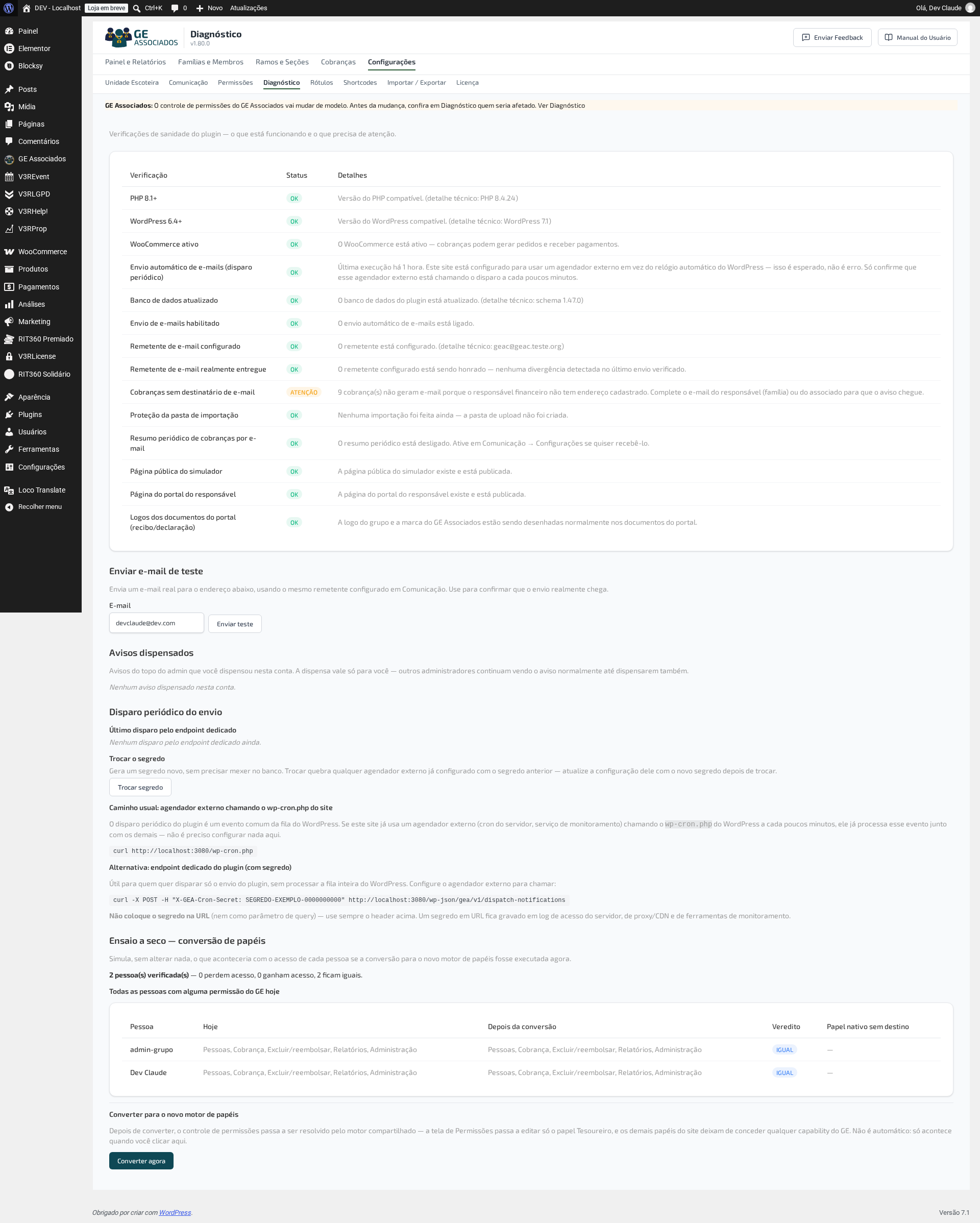 Tela de diagnóstico com lista de verificações