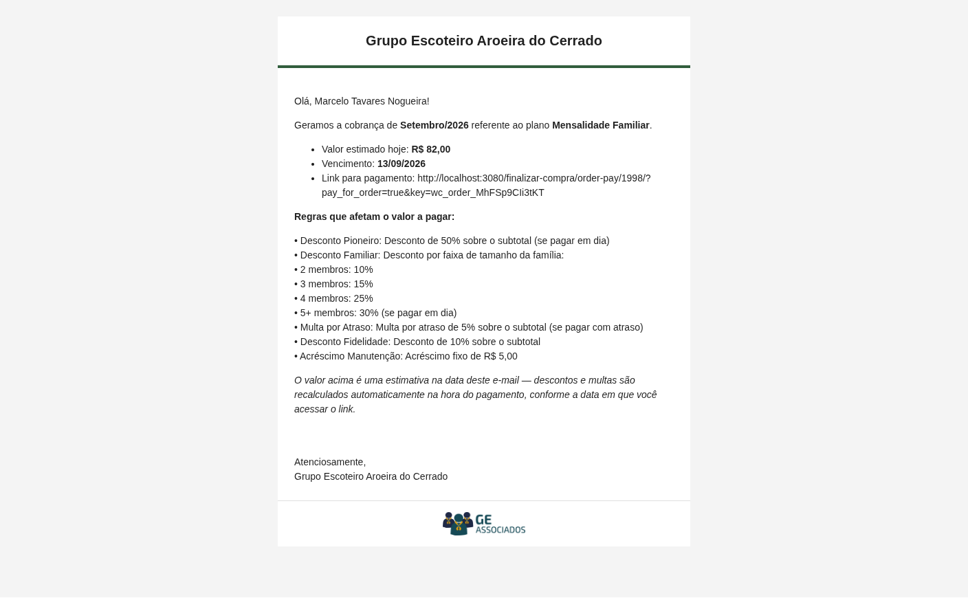 E-mail de cobrança recebido pelo responsável, com o valor e o link de pagamento