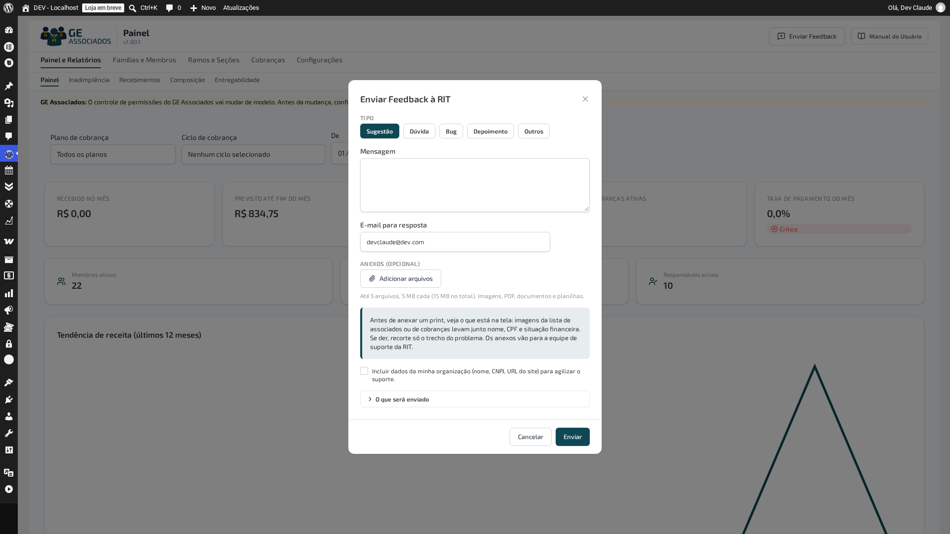 Formulário de feedback, com tipo, mensagem, e-mail para resposta, anexos e a lista do que será enviado