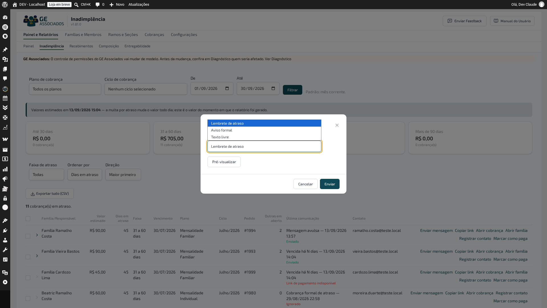 Modal de enviar mensagem aberto, com o menu mostrando as três opções: lembrete de atraso, aviso formal e texto livre