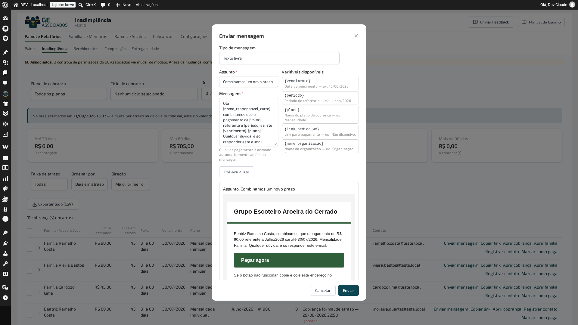 Campo de texto livre com a lista de variáveis disponíveis ao lado e a pré-visualização já substituída com os dados da cobrança