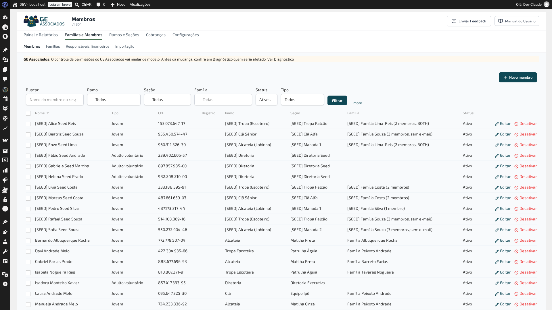 Lista de membros, com filtros por nome, ramo, seção, família e status