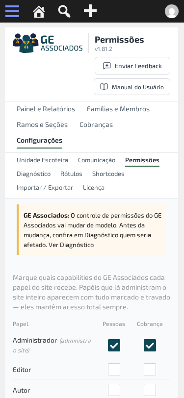 Tela de permissões em celular