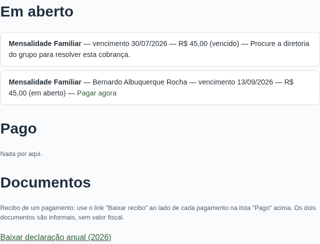 Portal logado, com cobranças em aberto e pagas e a seção de documentos