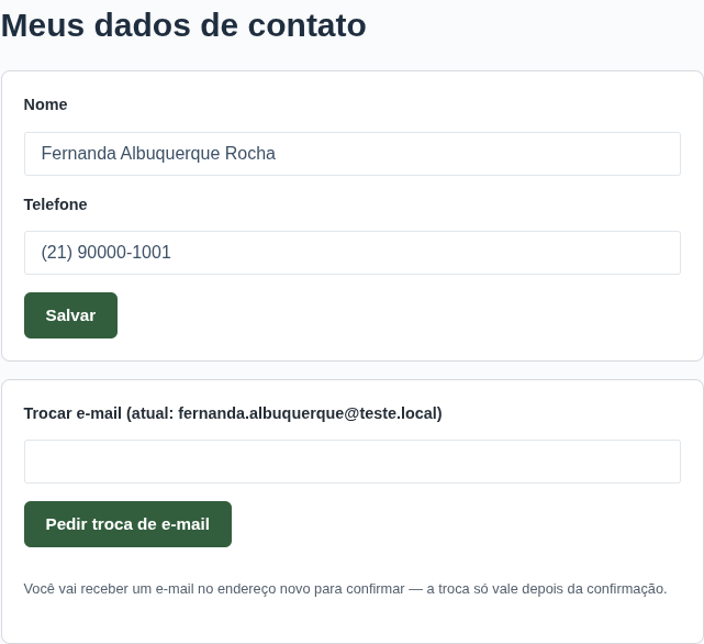 Seção de dados de contato e troca de e-mail